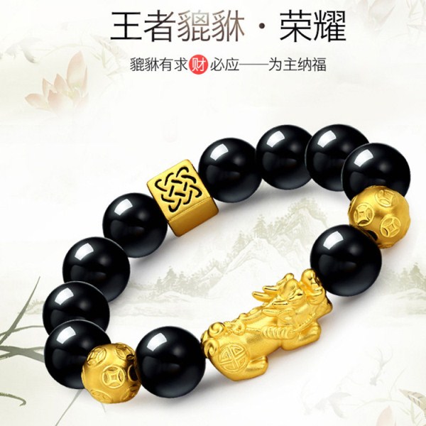 真金3d硬金黄金貔貅手链999足金转运珠足金黑玛瑙黄金手链手串