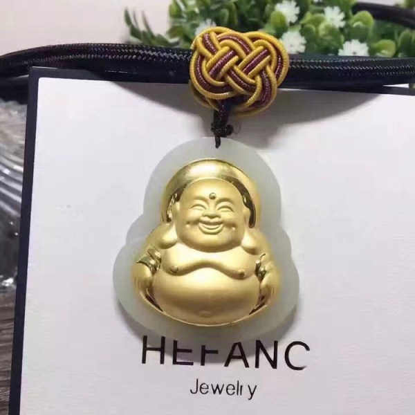 3D硬金 和田玉镶金大肚笑佛吊坠 黄金足金笑面佛项坠  一件代发