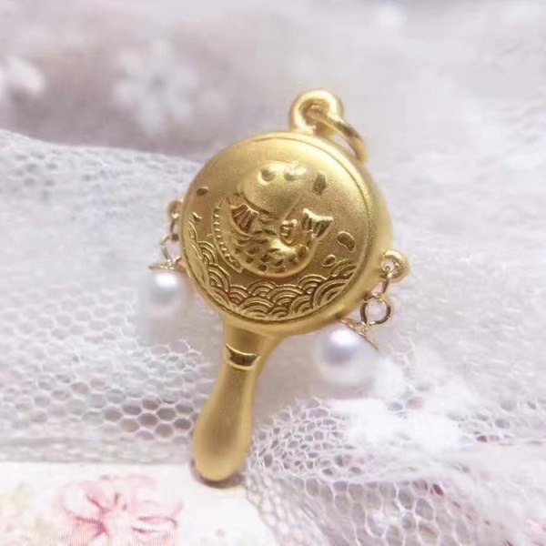3D硬金 拨浪鼓黄金吊坠 足金小鱼图珍珠玛瑙青金石项坠 一件代发