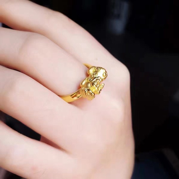 3D硬金 招财纳福貔貅黄金戒指 足金年兽指环  生日礼物 一件代发