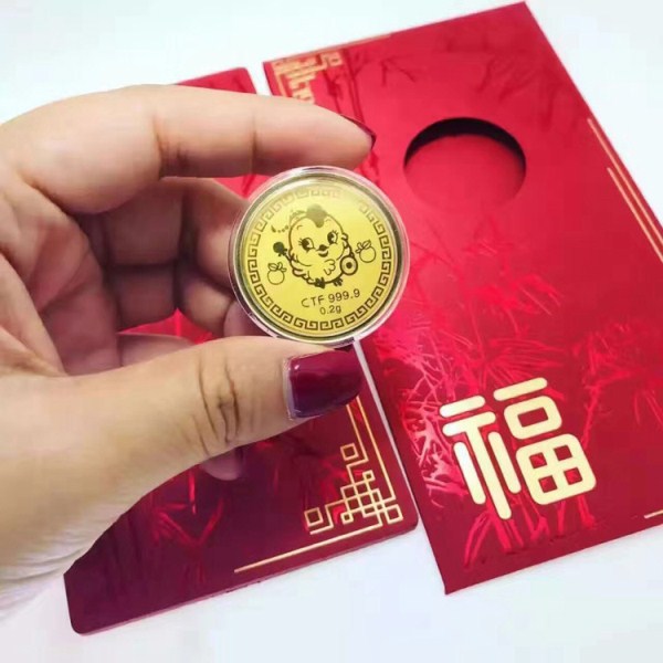 3D硬金鸡年0.2克黄金利是封 大福足金999压岁钱金鸡红包 一件代发