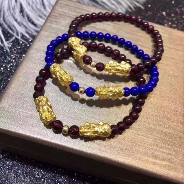 3D硬金 貔貅金饰搭配18k金珠石榴石手链 足金999 礼物 一件代发