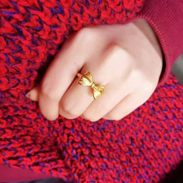 3D硬金 黄金拉丝蝴蝶结戒指 足金999甜美淑女指环 一件代发